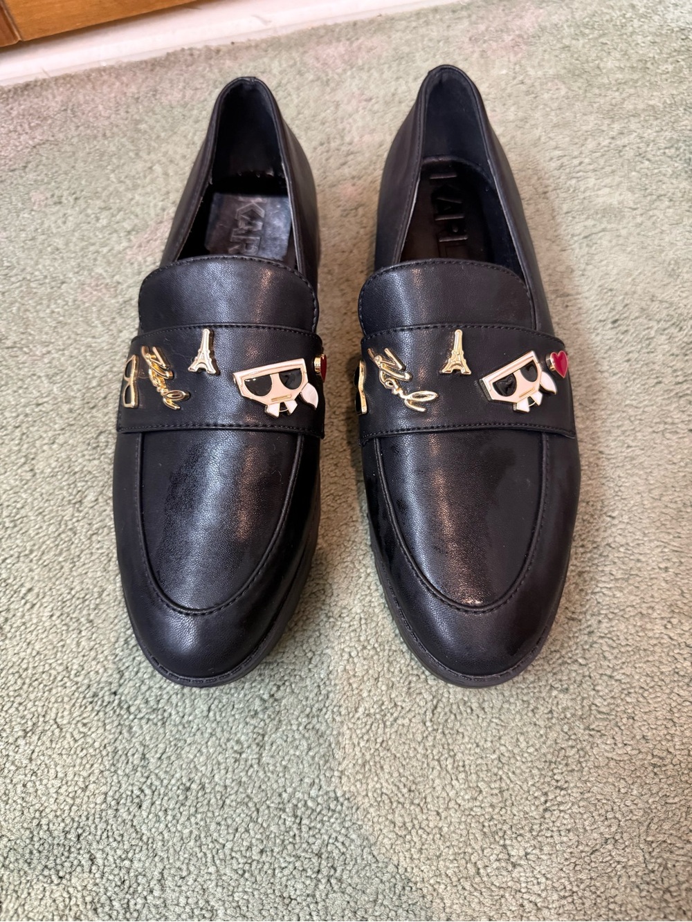 KARL LAGERFELD LADIES Black Slip-On Loafers with Gold & Enamel Charms, BRAND NEW